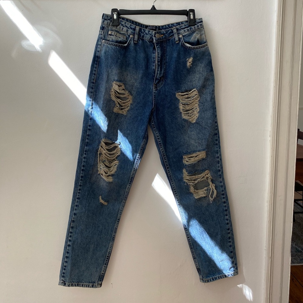 High waisted distressed jeans